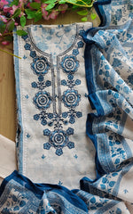 Linen Digital Print Unstitched Suit with Highlight Embroidery and Linen Dupatta