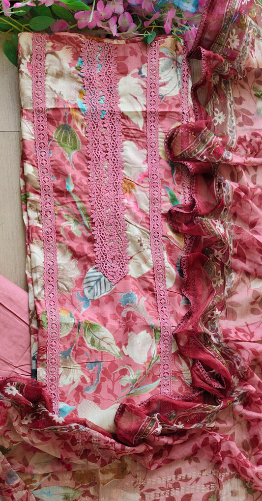 Pure Cotton Printed Un-Stitched Suit with Chiffon Digital Print Dupatta & Crochet Lacing