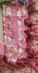Pure Cotton Printed Un-Stitched Suit with Chiffon Digital Print Dupatta & Crochet Lacing