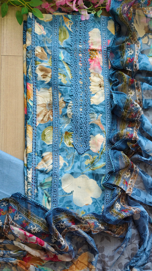 Pure Cotton Printed Un-Stitched Suit with Chiffon Digital Print Dupatta & Crochet Lacing
