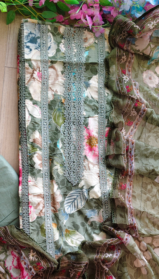Pure Cotton Printed Un-Stitched Suit with Chiffon Digital Print Dupatta & Crochet Lacing