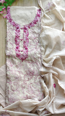 Soft Mul Chanderi Kantha Work Un-Stitched Suit with Crochet Lace Dupatta