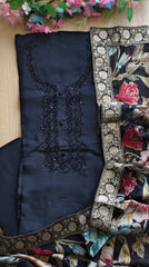 Black Beauty - Upara Silk Hand Work Un Stitched Suit with Banarasi Border Dupatta