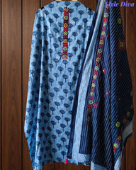 Pure Cotton Printed Embroidery Un-Stitched Suit with Mul Cotton Dupatta & Tassels