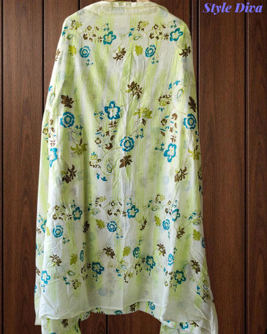 Pure Cotton Printed Unstitched Suit with Neck Work & Mul Cotton Dupatta