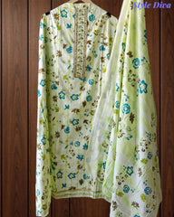 Pure Cotton Printed Unstitched Suit with Neck Work & Mul Cotton Dupatta