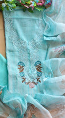 Linen Digital Print Thread Embroidery Unstitched Suit with Tassel Dupatta