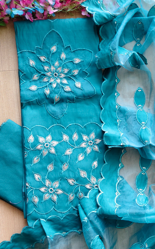 Modal Laser Cut Appliqué Work Unstitched Suit with Organza Dupatta