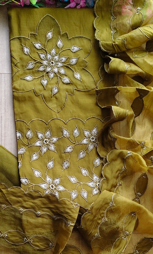 Modal Laser Cut Appliqué Work Unstitched Suit with Organza Dupatta