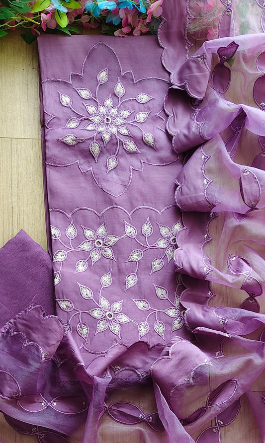Modal Laser Cut Appliqué Work Unstitched Suit with Organza Dupatta