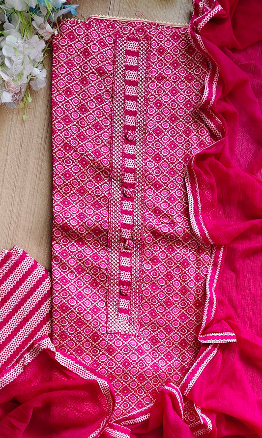 Pure Cotton Printed Unstitched Suit with Neck Work & Chiffon Dupatta