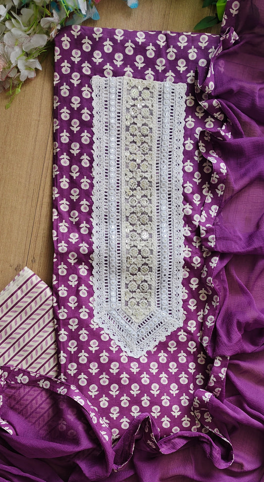 Pure Cotton Printed Unstitched Suit with Neck Work & Chiffon Dupatta