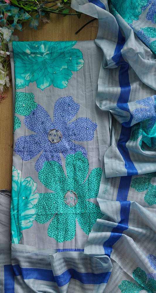 Pure Cotton Printed Unstitched Suit with Faux Mirror High-Lighting