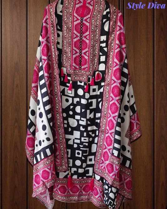 Muslin Digital Print Unstitched Suit with Faux Mirror Work & Tassel Accents