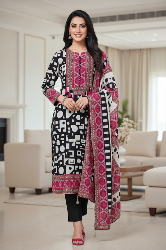 Muslin Digital Print Unstitched Suit with Faux Mirror Work & Tassel Accents