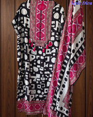 Muslin Digital Print Unstitched Suit with Faux Mirror Work & Tassel Accents