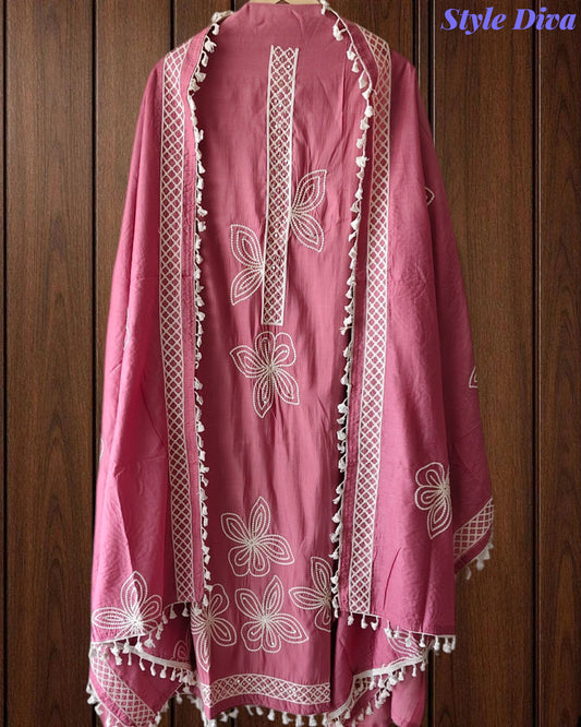 Modal 3D Embroidery Unstitched Suit with Sequin Highlighting & Tassel Detailing
