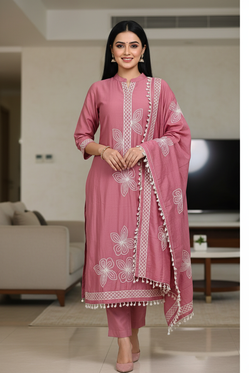 Modal 3D Embroidery Unstitched Suit with Sequin Highlighting & Tassel Detailing