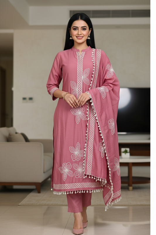 Modal 3D Embroidery Unstitched Suit with Sequin Highlighting & Tassel Detailing