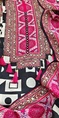 Muslin Digital Print Unstitched Suit with Faux Mirror Work & Tassel Accents