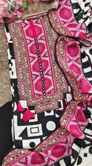 Muslin Digital Print Unstitched Suit with Faux Mirror Work & Tassel Accents
