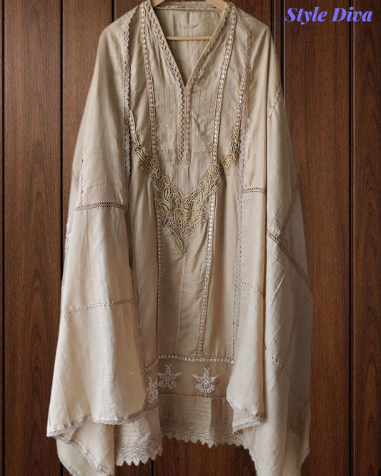 (Beige)-Cotton Khadi Pakistani Style Semi-Stitched Suit with Crochet Lacing & Faux Mirror Work