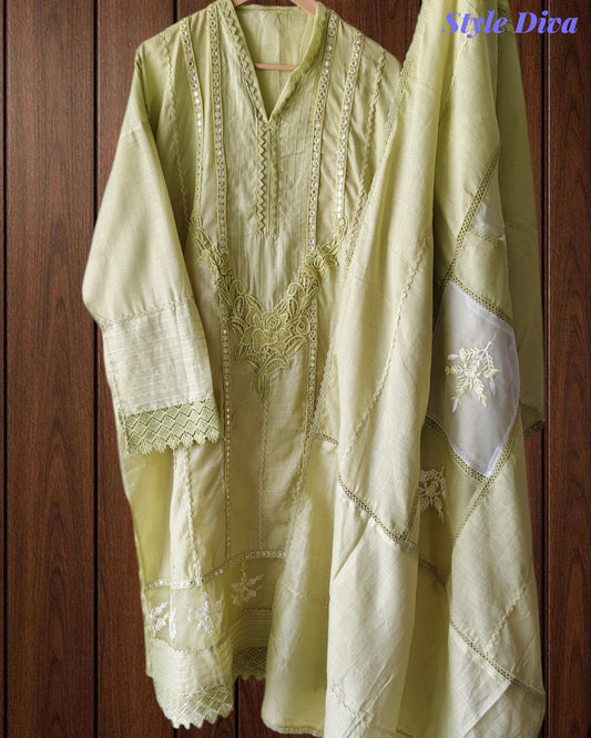 (Light Green)-Cotton Khadi Pakistani Style Semi-Stitched Suit with Crochet Lacing & Faux Mirror Work