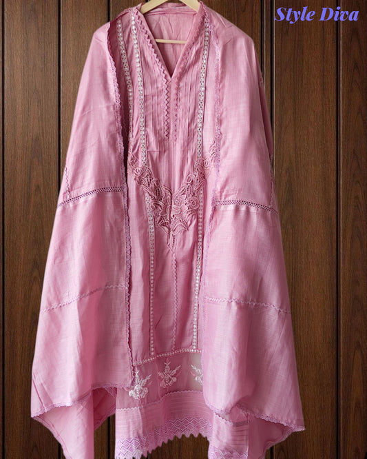 (Pink)-Cotton Khadi Pakistani Style Semi-Stitched Suit with Crochet Lacing & Faux Mirror Work )