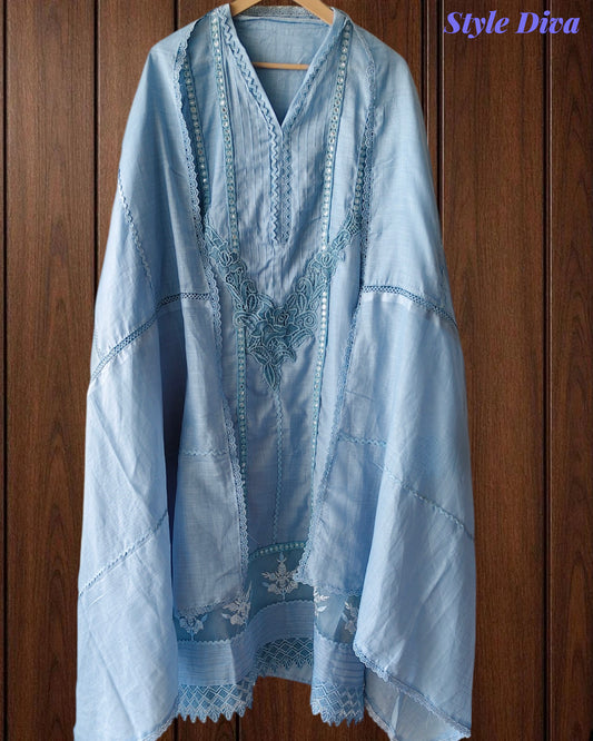 (Sky Blue)-Cotton Khadi Pakistani Style Semi-Stitched Suit with Crochet Lacing & Faux Mirror Work