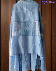 (Sky Blue)-Cotton Khadi Pakistani Style Semi-Stitched Suit with Crochet Lacing & Faux Mirror Work