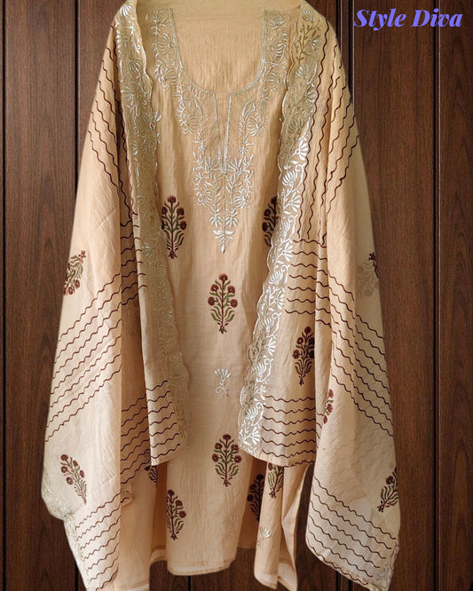 (Light Peach)- Crush Mul Cotton Block Print Unstitched Suit with Pita Embroidery Detailing (Copy)