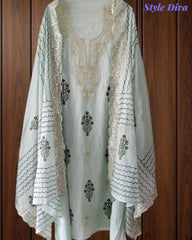 (Light Green)- Crush Mul Cotton Block Print Unstitched Suit with Pita Embroidery Detailing