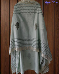 (Light Green)- Crush Mul Cotton Block Print Unstitched Suit with Pita Embroidery Detailing