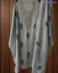 (Light Green)- Crush Mul Cotton Block Print Unstitched Suit with Pita Embroidery Detailing