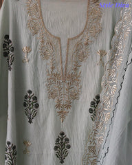 (Light Green)- Crush Mul Cotton Block Print Unstitched Suit with Pita Embroidery Detailing