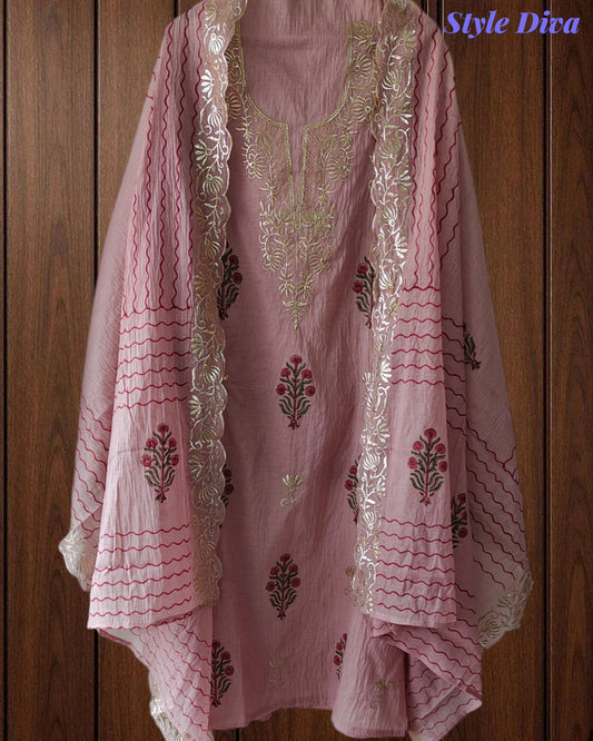 (Light Pink)- Crush Mul Cotton Block Print Unstitched Suit with Pita Embroidery Detailing