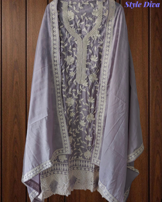 Premium Mul Cotton Parsi Embroidery Unstitched Suit with Intricate Pearl Work