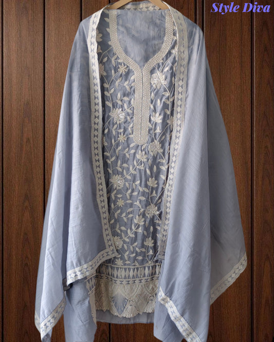 Premium Mul Cotton Parsi Embroidery Unstitched Suit with Intricate Pearl Work