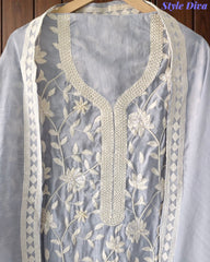Premium Mul Cotton Parsi Embroidery Unstitched Suit with Intricate Pearl Work