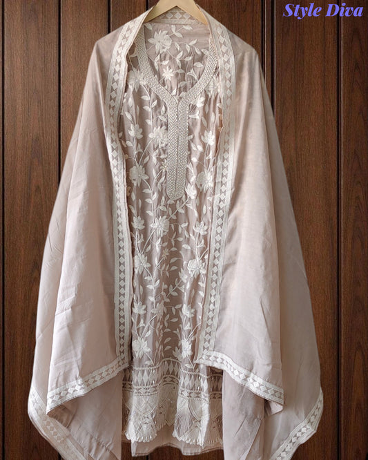 Premium Mul Cotton Parsi Embroidery Unstitched Suit with Intricate Pearl Work