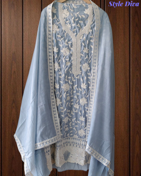 Premium Mul Cotton Parsi Embroidery Unstitched Suit with Intricate Pearl Work