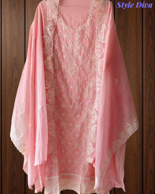 Mul Cotton Chikan-Kari & Zari Embroidered Unstitched Suit with Scalloped Embroidery Dupatta