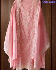 Mul Cotton Chikan-Kari & Zari Embroidered Unstitched Suit with Scalloped Embroidery Dupatta
