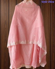 Mul Cotton Chikan-Kari & Zari Embroidered Unstitched Suit with Scalloped Embroidery Dupatta