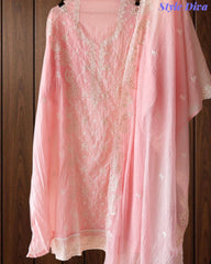 Mul Cotton Chikan-Kari & Zari Embroidered Unstitched Suit with Scalloped Embroidery Dupatta