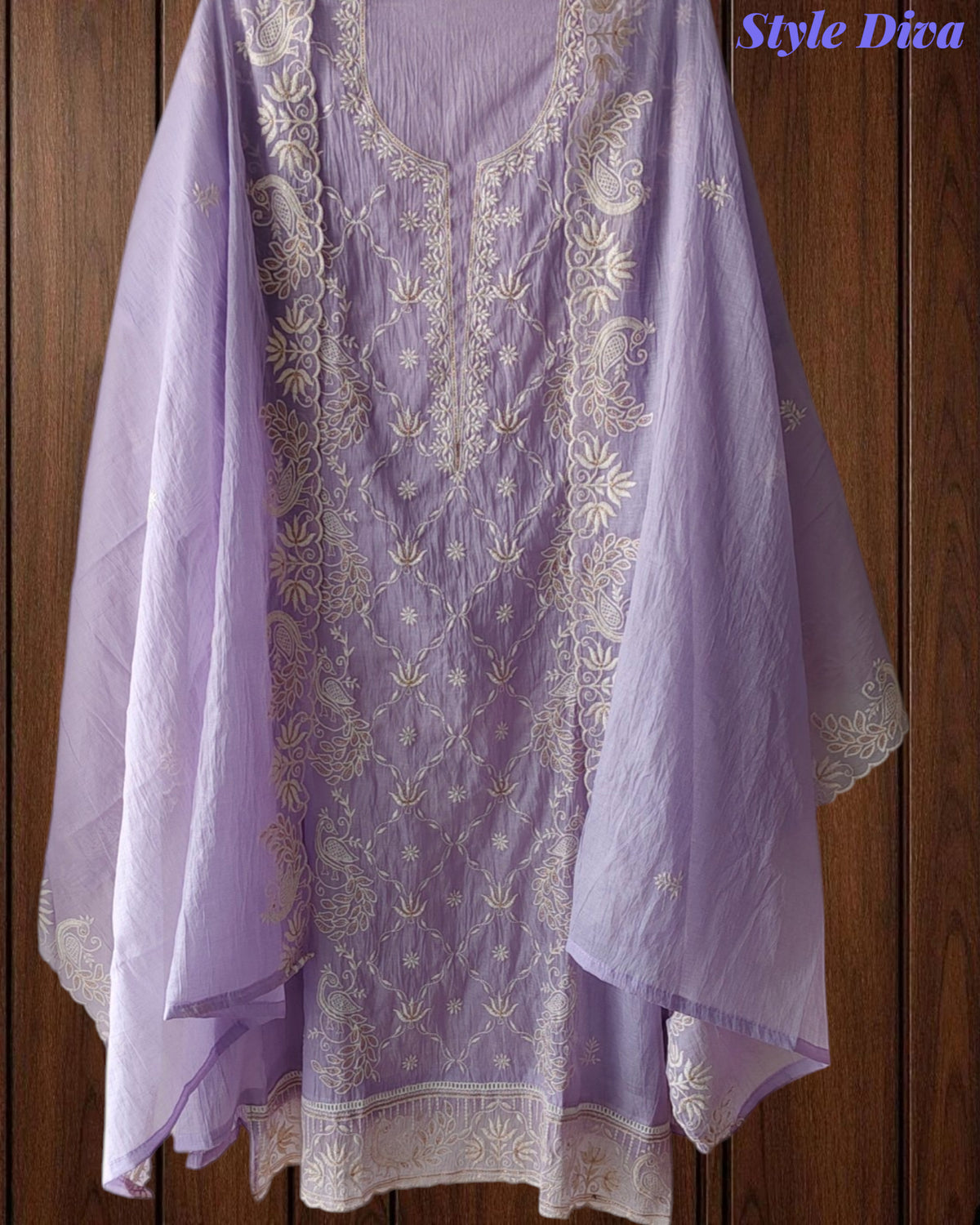 Mul Cotton Chikan-Kari & Zari Embroidered Unstitched Suit with Scalloped Embroidery Dupatta