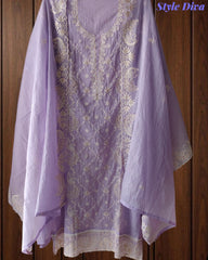 Mul Cotton Chikan-Kari & Zari Embroidered Unstitched Suit with Scalloped Embroidery Dupatta