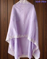 Mul Cotton Chikan-Kari & Zari Embroidered Unstitched Suit with Scalloped Embroidery Dupatta