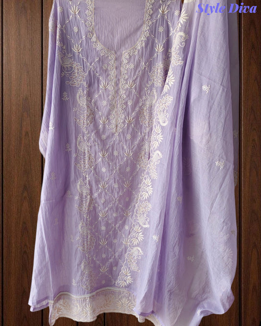 Mul Cotton Chikan-Kari & Zari Embroidered Unstitched Suit with Scalloped Embroidery Dupatta