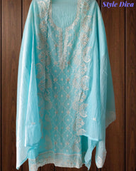 Mul Cotton Chikan-Kari & Zari Embroidered Unstitched Suit with Scalloped Embroidery Dupatta